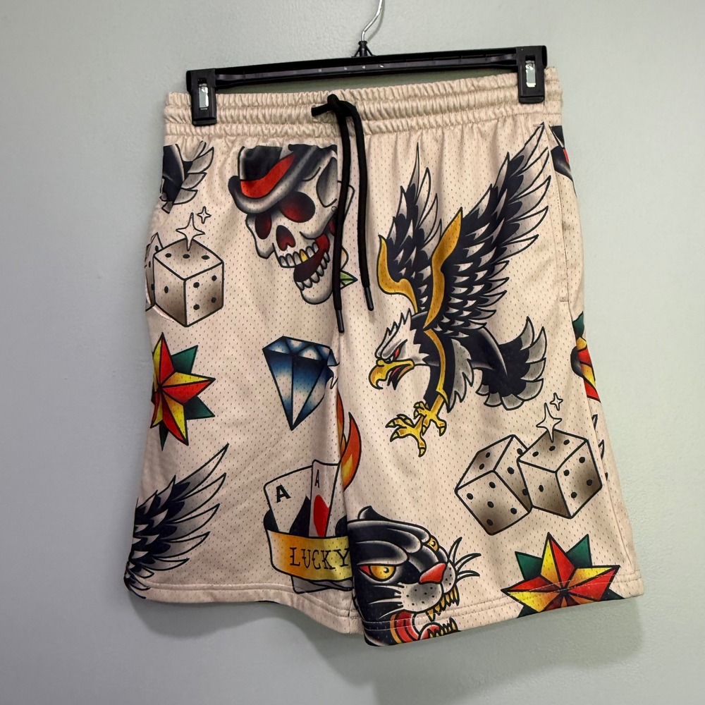 Rebel Vengeance Mens Traditional Tattoo‎ Flash Mesh Shorts Tan Small